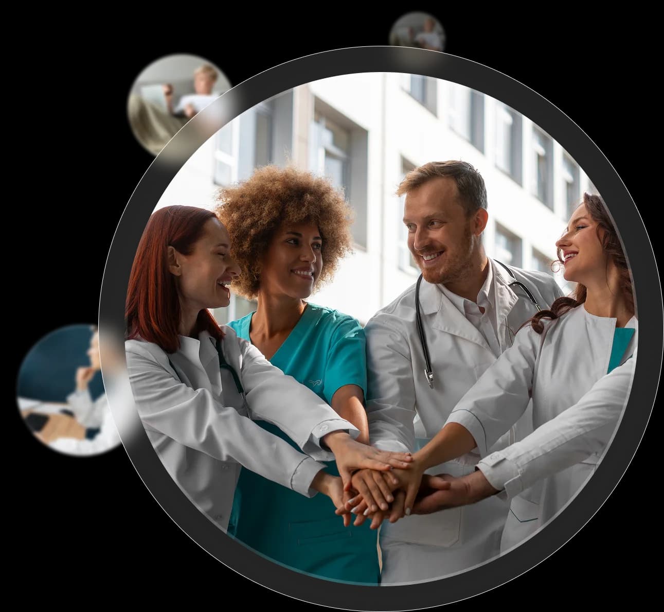 Healthcare professionals joining hands to represent teamwork and shared commitment at KangarooHealth.