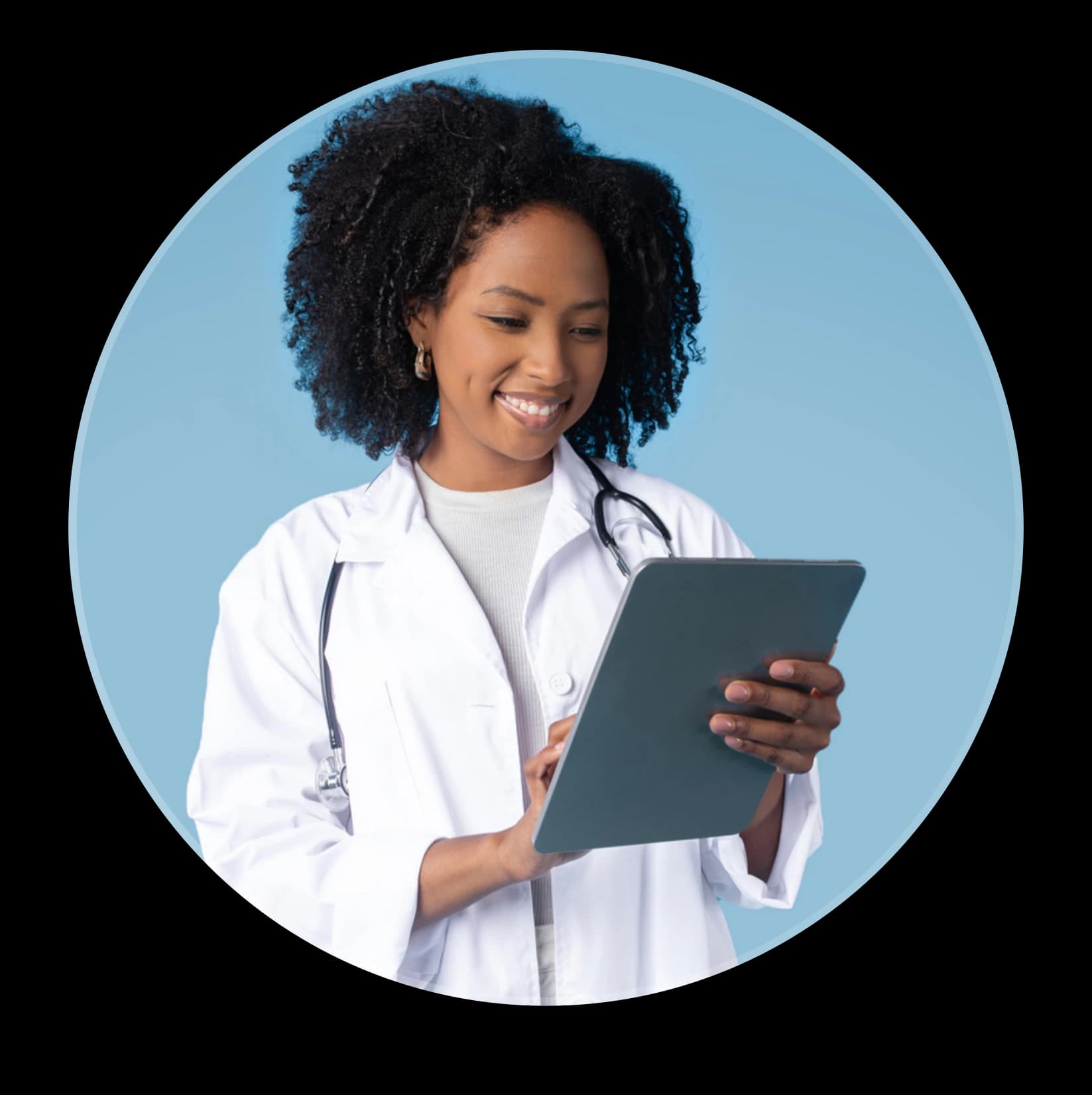 Provider looking at tablet, reflecting satisfaction with seamless care management technology.