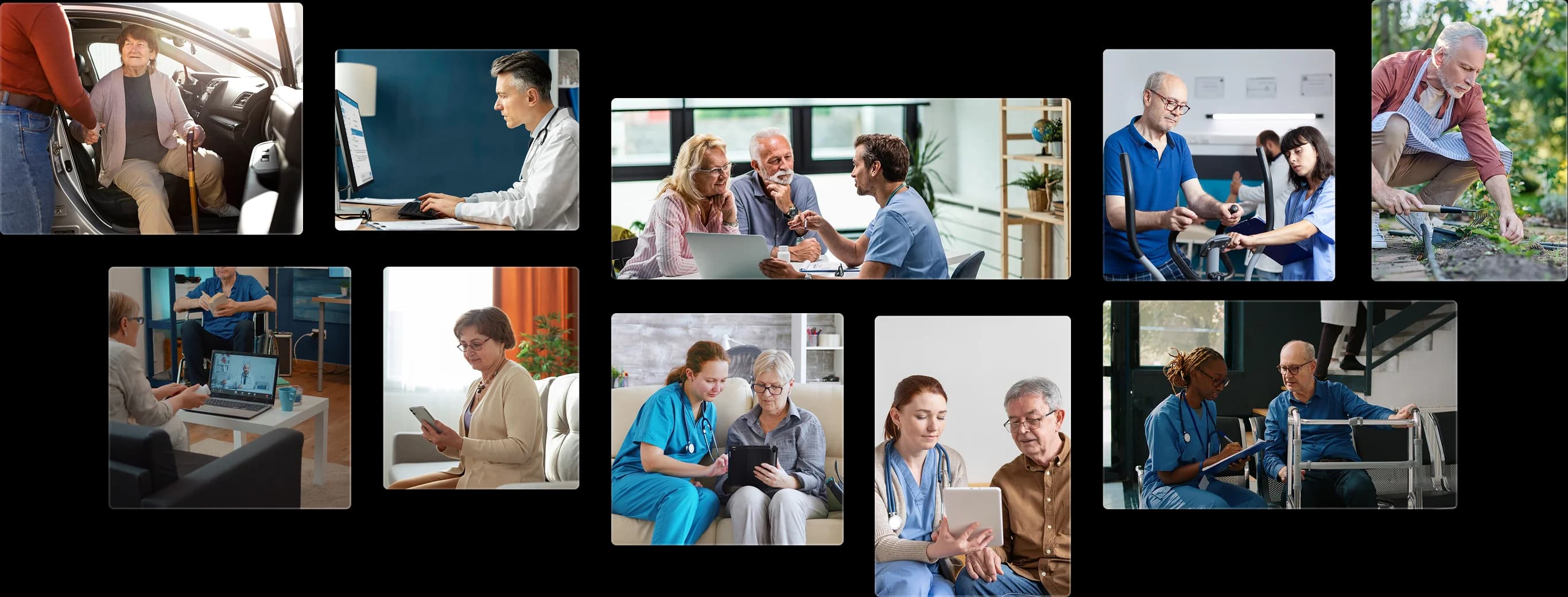 Older woman using a cane exiting a car with assistance, representing supportive care in the community. Physician viewing KangarooHealth dashboard to view GUIDE notifications. Family caregivers consult with physician about the GUIDE program. GUIDE patient attends routine cardiologist visit. GUIDE patient aging in place. Caregiver consults physician for medication reconciliation. Elderly patient views remote care mobile application. Caregiver receives support in home for family member in GUIDE program. Nurse educates patient on the use of the connected care mobile application with KangarooHealth Nurse reviews assessments with GUIDE patient.