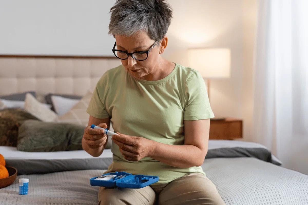 Woman preparing insulin injection while seated on bed.