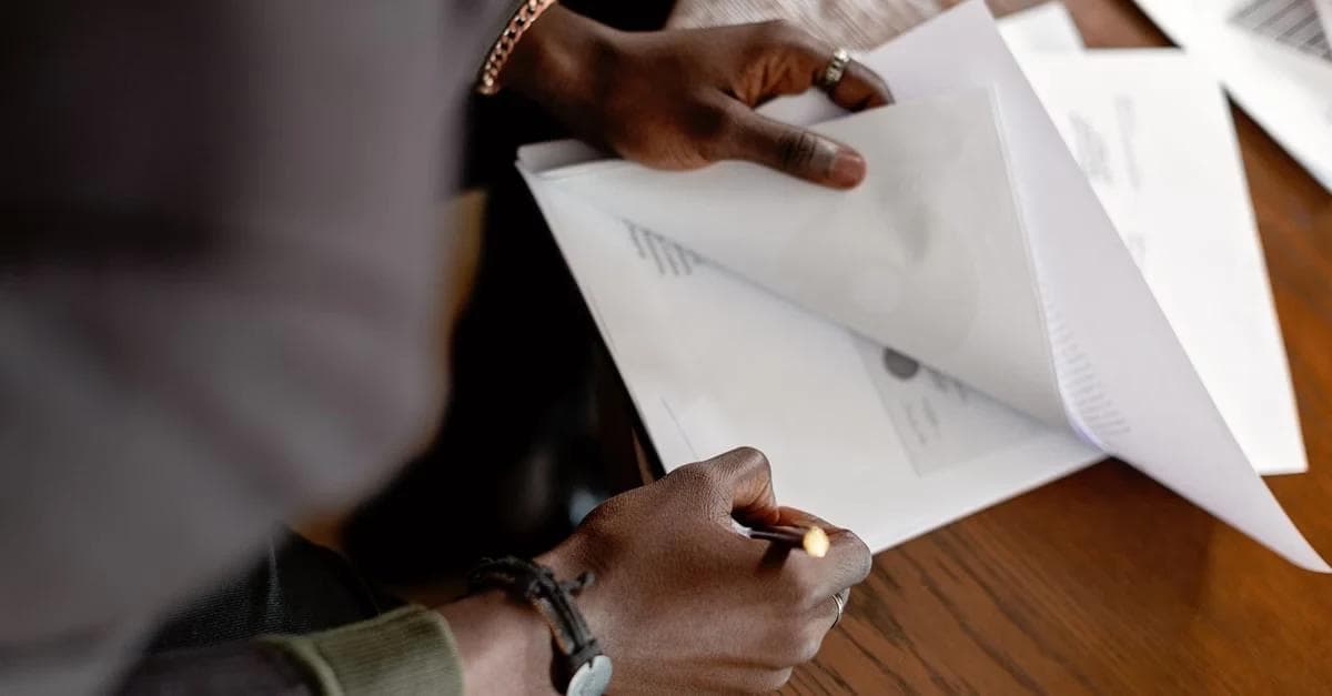 Person reviewing rural health transformation fund application documents on wooden desk.
