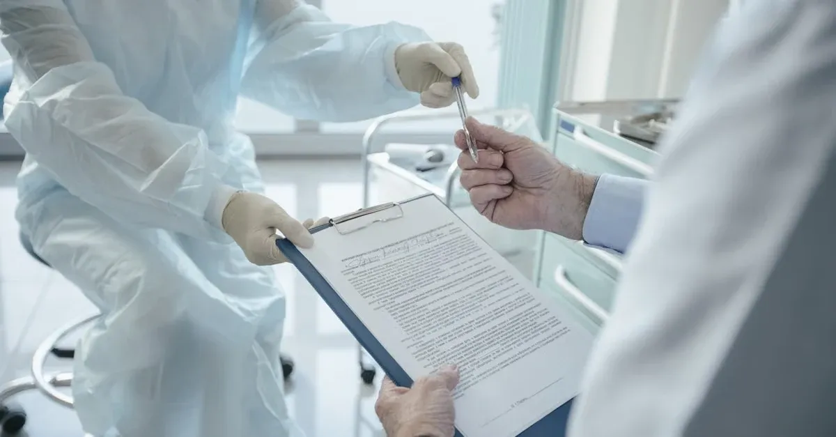 Healthcare provider in protective gear presenting CCM documentation requirements form to patient for consent signature.